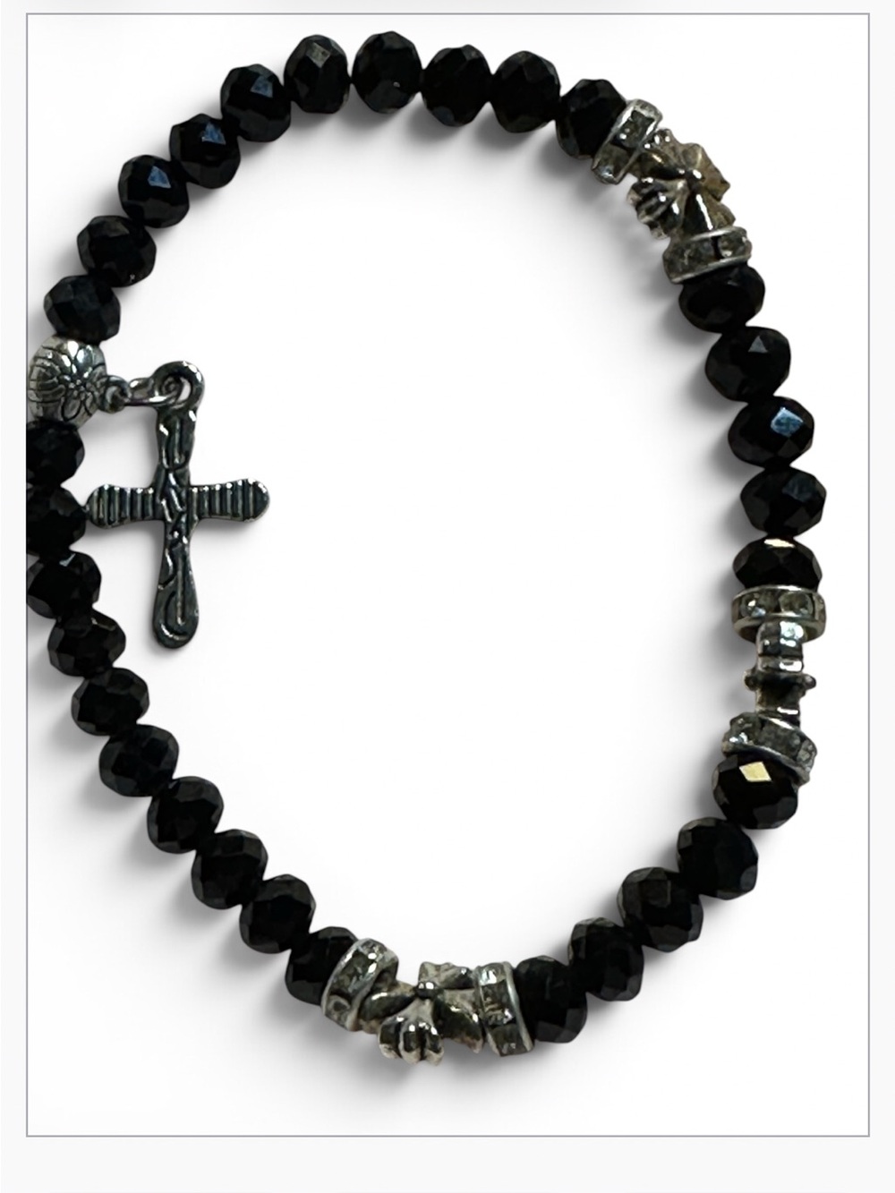 TITLE]Brighton Retired Black Onyx Faceted Bead Cross Stretch Bracelet Silver Pla